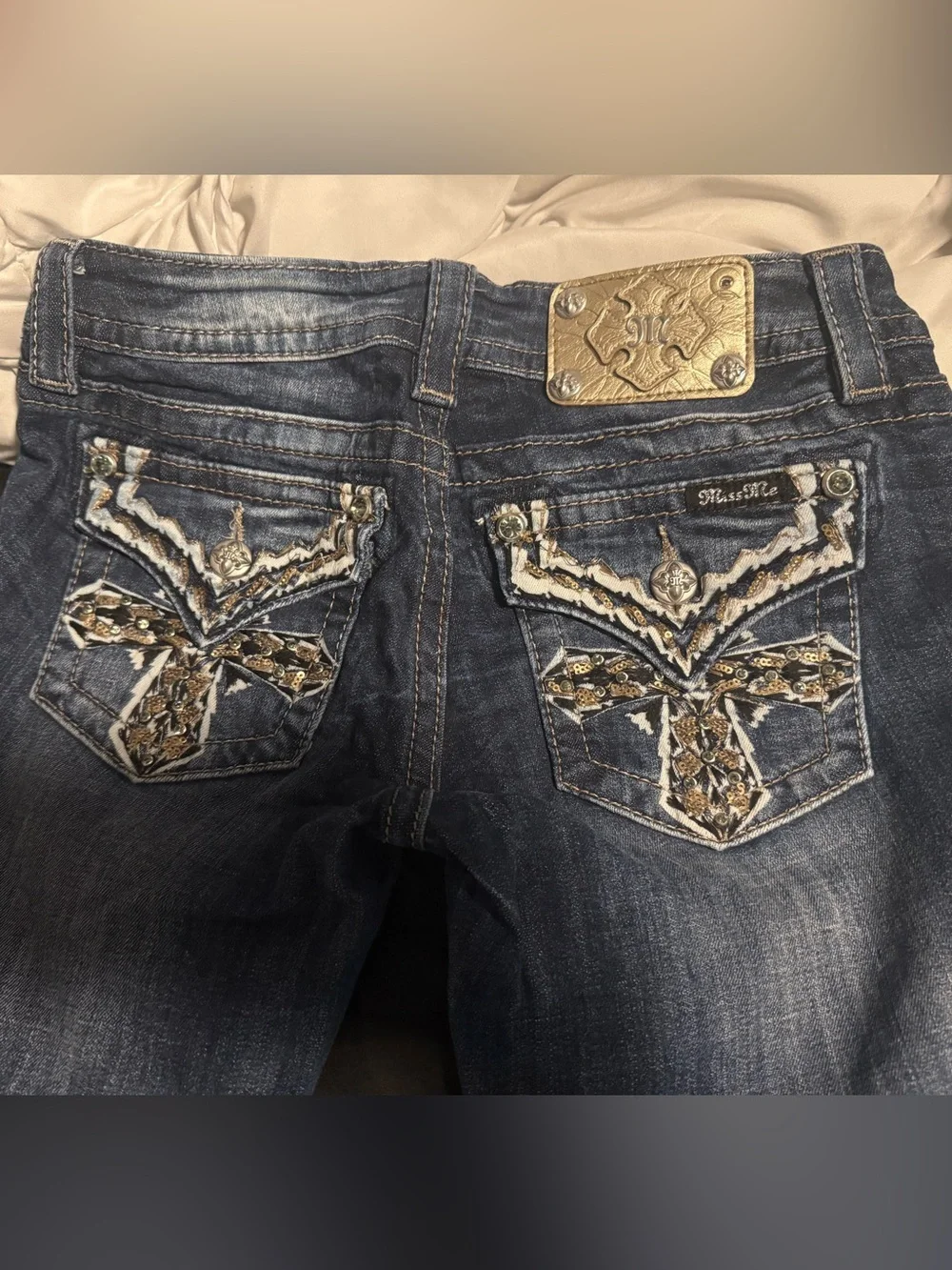 Miss Me Dark Blue Boot Cut Jeans with Embroidered Rhinestone Pockets
